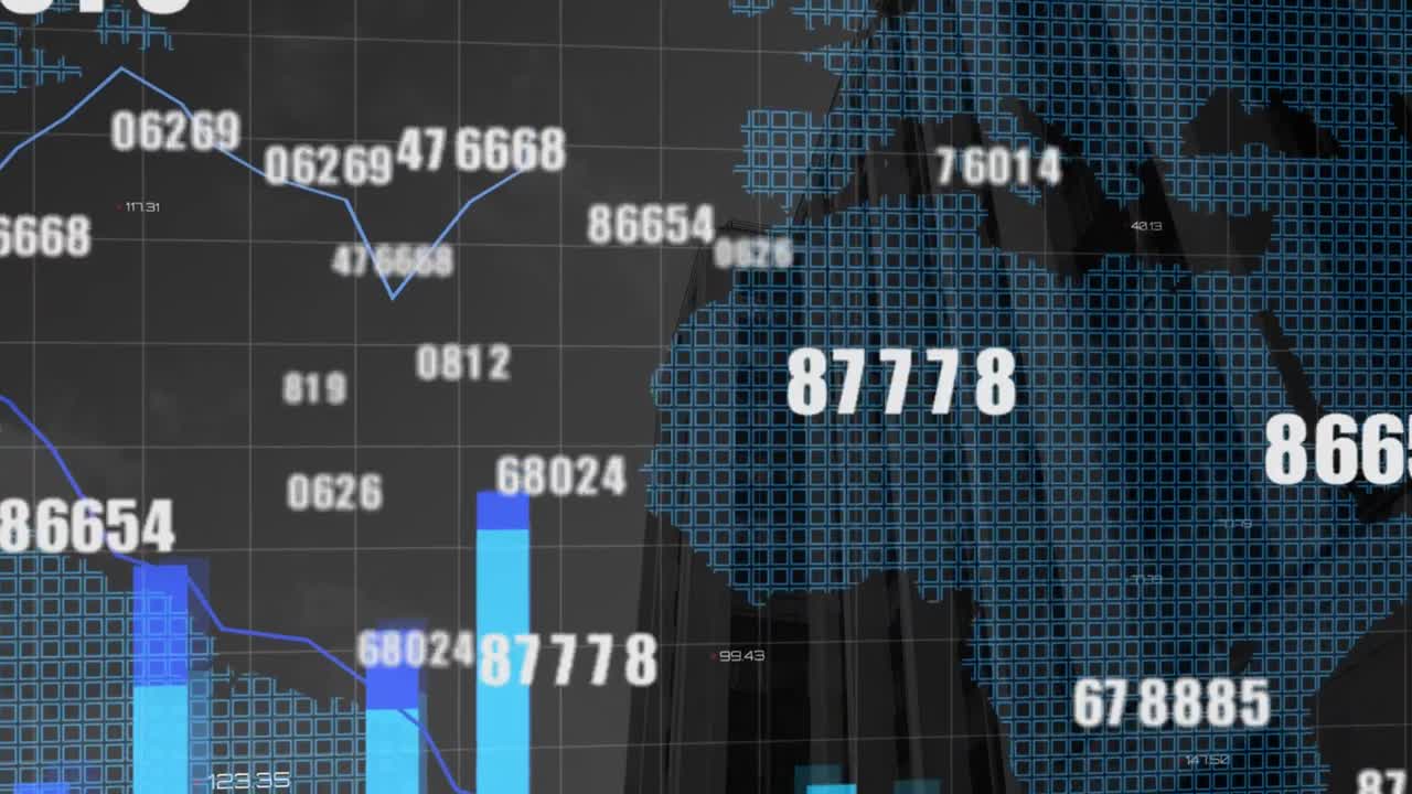 animación del procesamiento de datos y el mapa del mundo sobre fondo negro