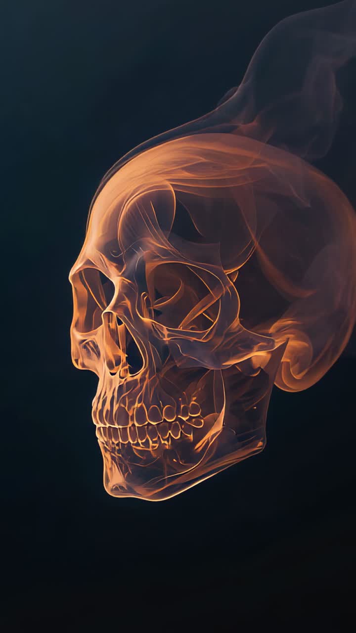 Vertical video: Amber smoke drifting in void, forming glowing skull and rotating revealing tendrils