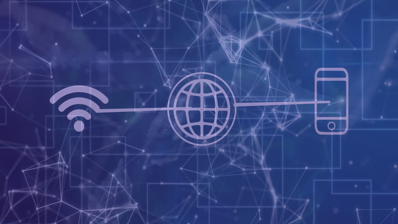 Wi-Fi and smartphone icons connected over digital network background animation