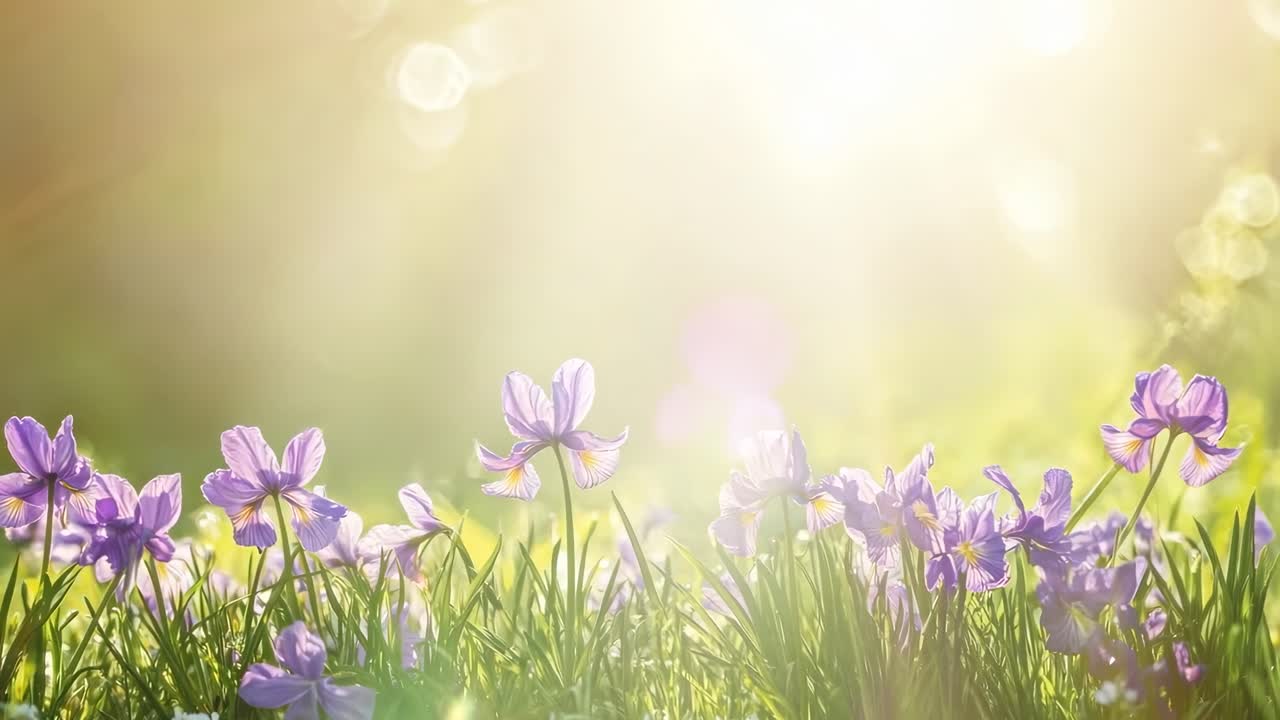 Low-angle shot of purple flowers in sunlight, creating a serene, dreamy atmosphere