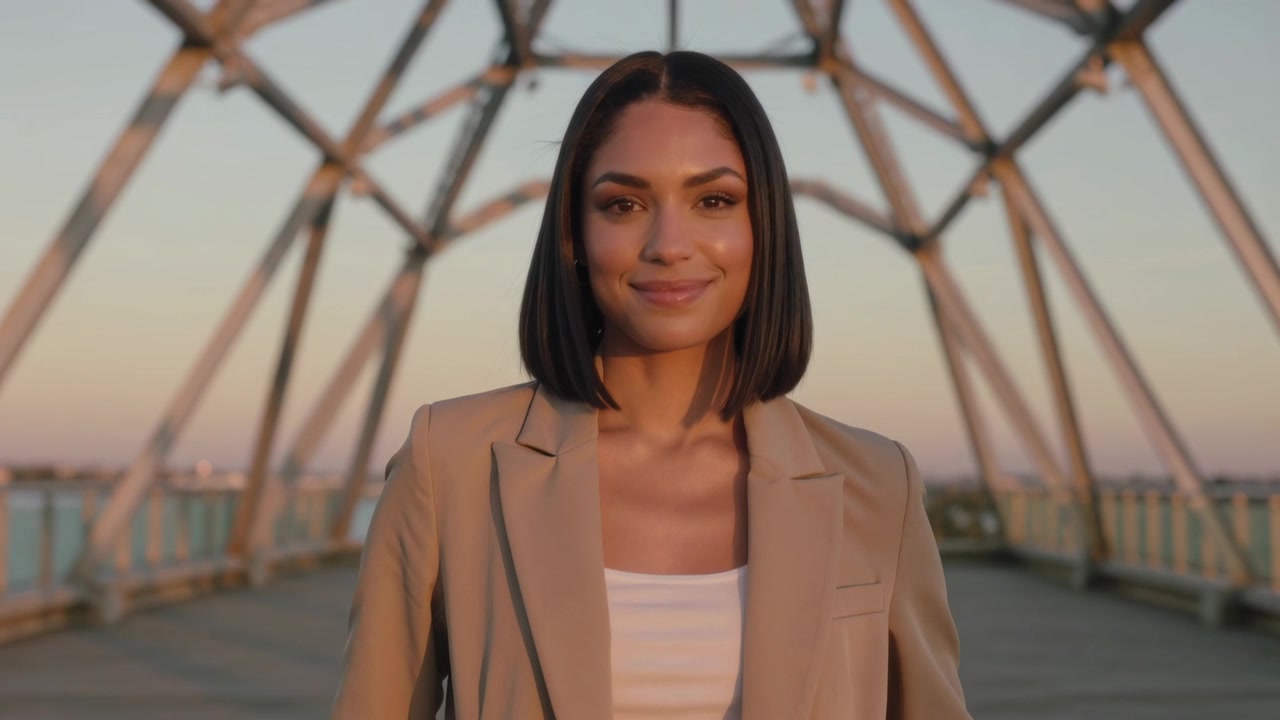 Standing woman beige-blazer posing, smiling as camera zooming closer on arched bridge, sunlight