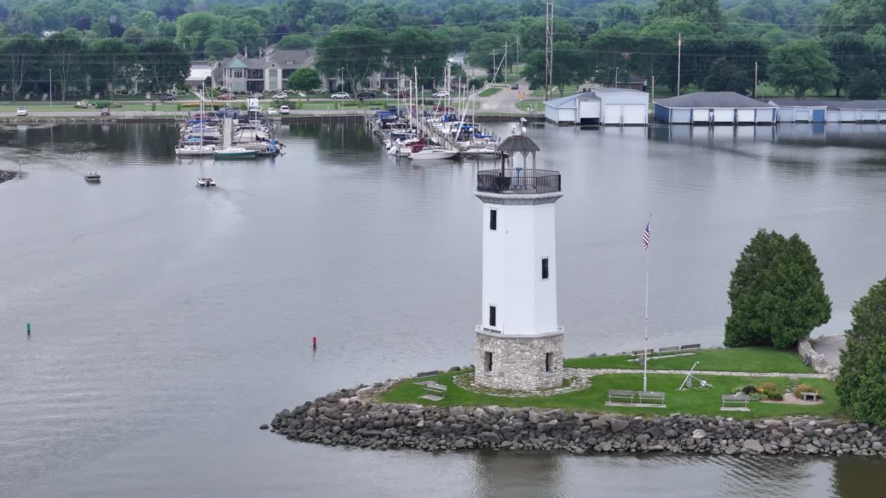 The lighthouse, marina and docs and piers of Lake Winnebago taken in Fond Du Lac WI