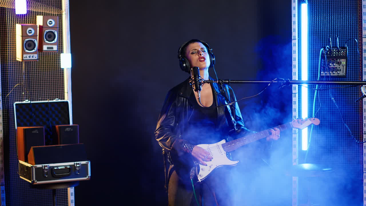 Woman performing live music with guitar and vocals in a studio
