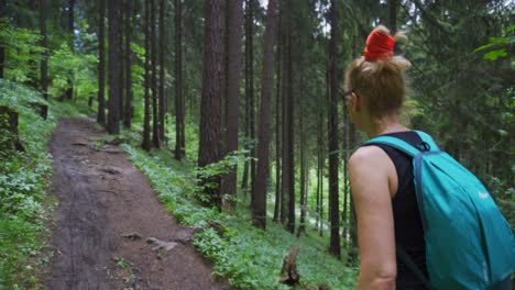 girl backpacker hiking on mountain trail - tracking