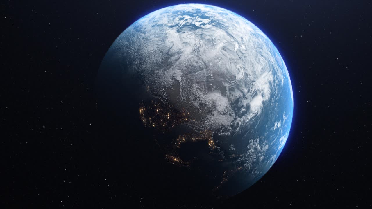 Stunning CGI render of the planet Earth from space with dawn spreading across the North American continent, with the distinct lights from habitation glittering in the night time zones