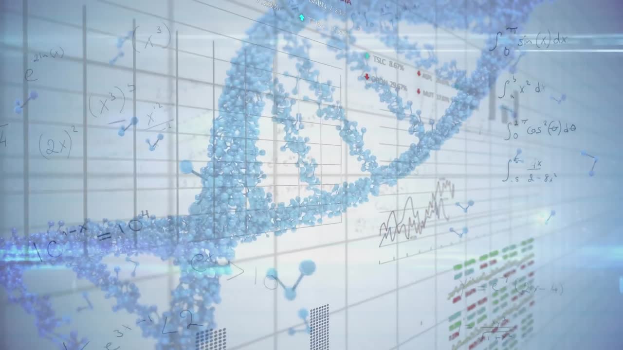 animación del procesamiento de datos sobre moléculas y cadena de adn en fondo azul.