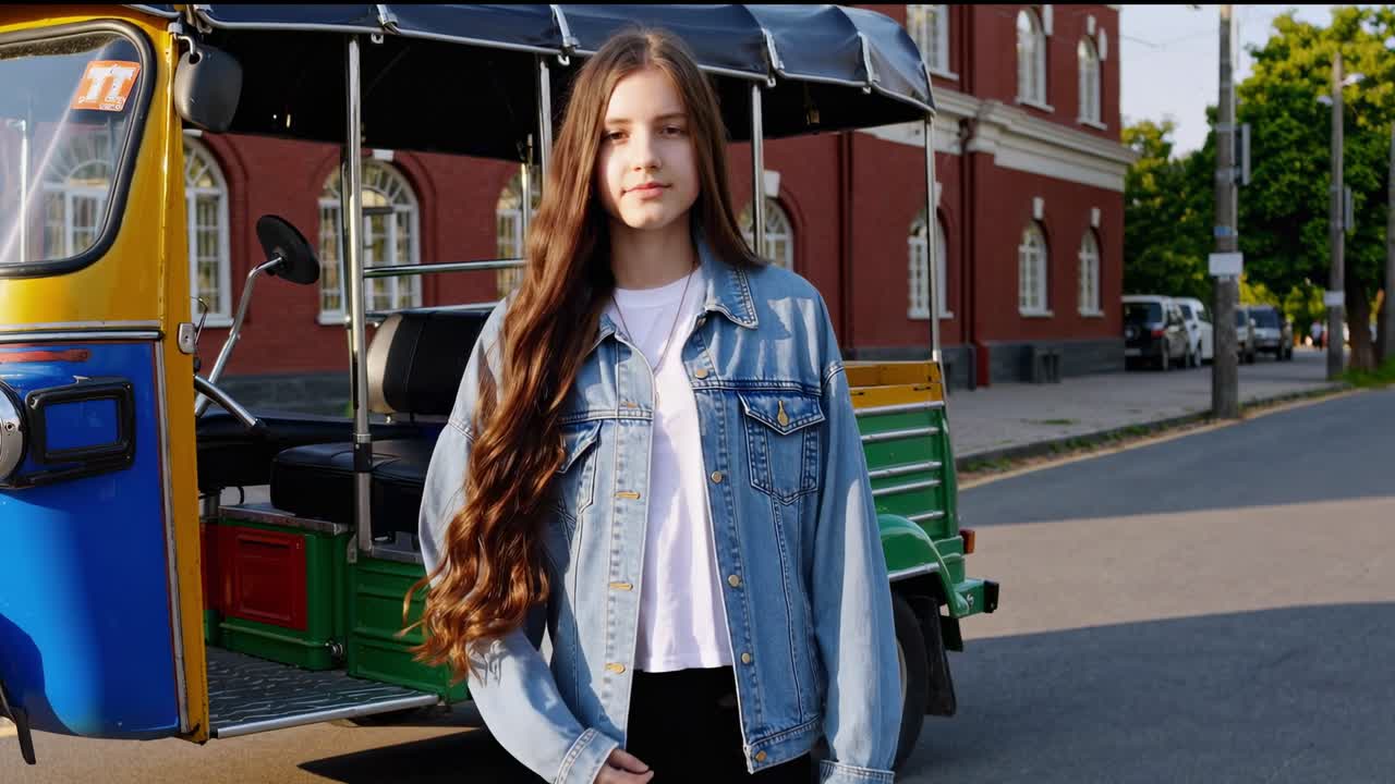 Stylish young woman with long brown hair, wearing a denim jacket and white t shirt, confidently posing on a city street beside a vibrant auto rickshaw
