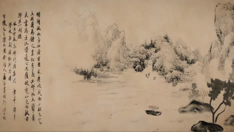 Daytime-ancient-traditional-Chinese-Japanese-landscape-ink-Painting-of-beautiful-calm-trees,-mountains,-flowers,-lake,-water,-birds,-blue-sky,-boat,-cherry-blossoms-season