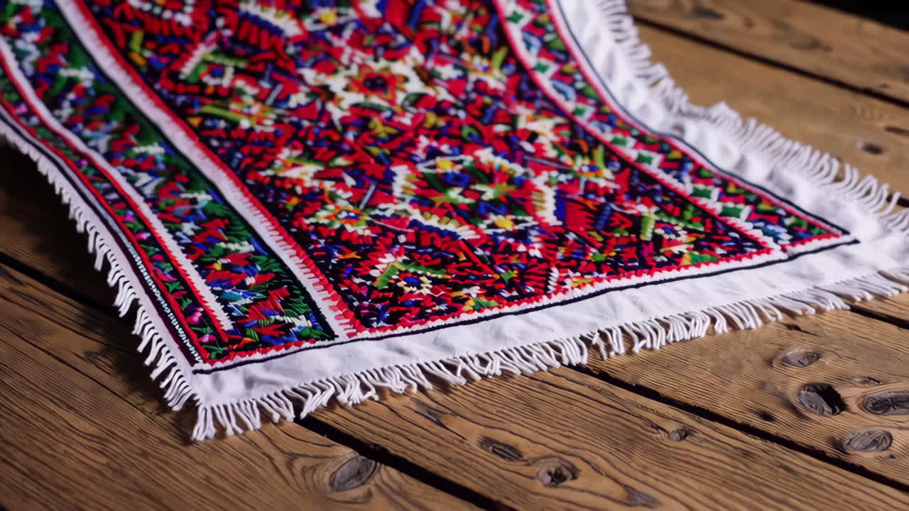 Colorful Embroidered Tablecloth on Wooden Table