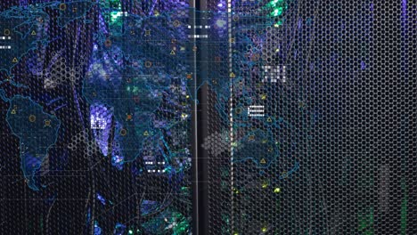 animation of world map and data processing against close up of computer server