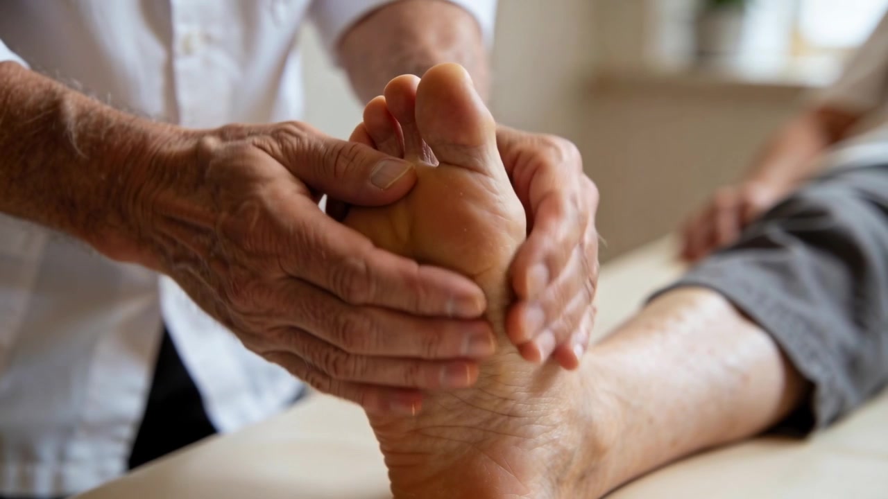 Terapista che posiziona le mani massaggiando la pianta del piede e le dita su un tavolo clinico per la terapia, con una camicia bianca e un anello.
