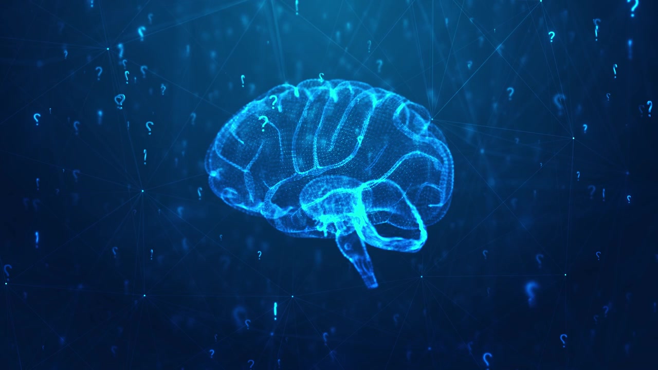 Digital brain inquiry visual with cyan neural anatomy question symbols and dark connected