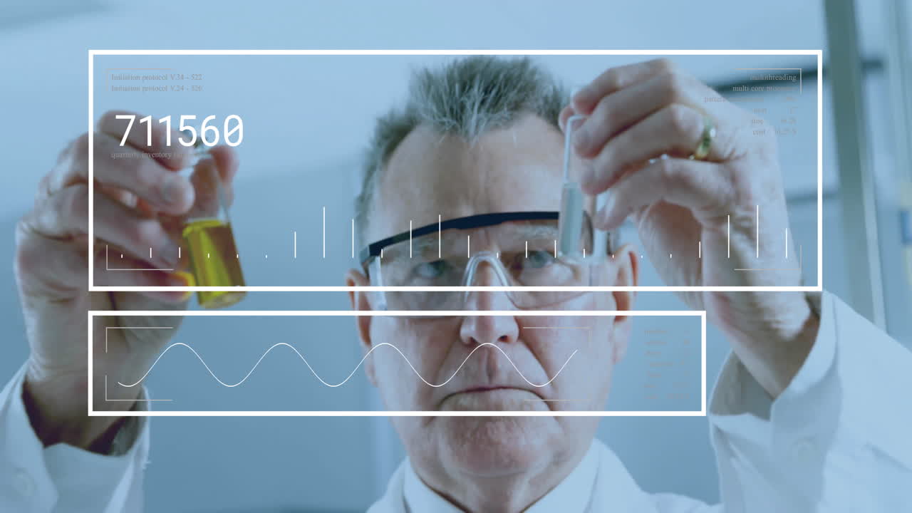 animación del procesamiento de datos científicos sobre un científico caucásico en el laboratorio.