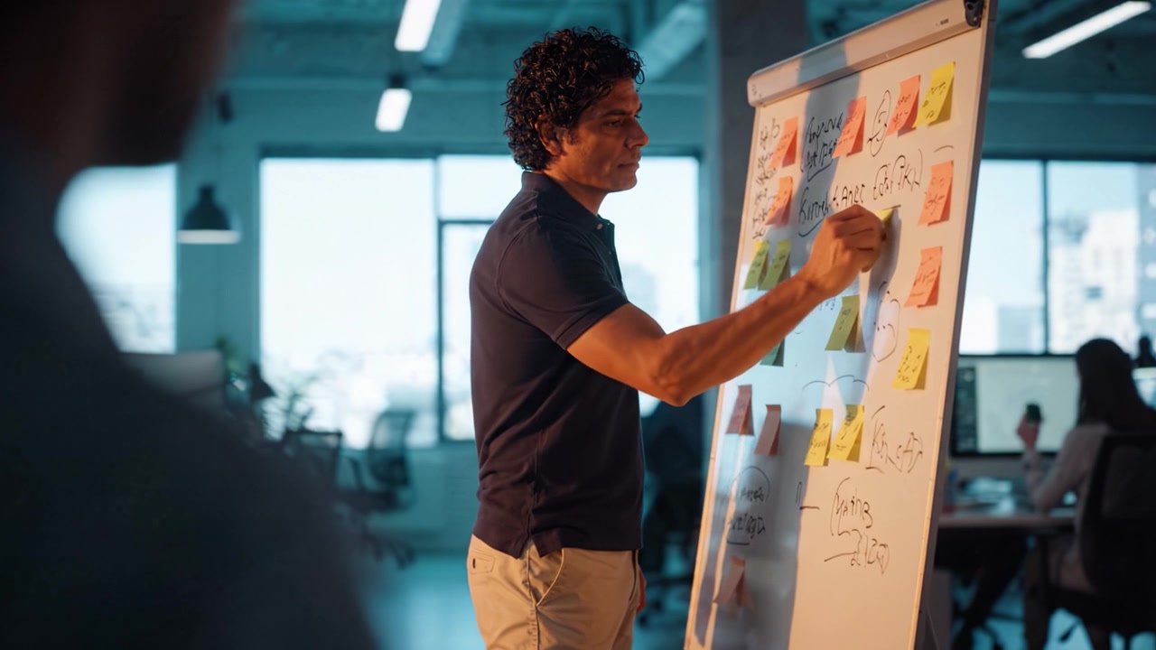 Engaging Team Meeting with Collaborative Brainstorming and Visual Planning at the Office Using Colorful Sticky Notes on a Flip Chart in a Creative Environment