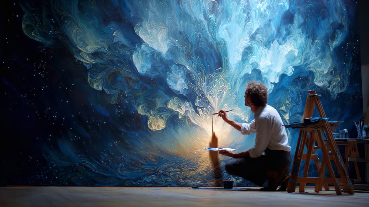A Talented Artist Captivatingly Creates a Stunning Cosmic-Inspired Mural, Masterfully Blending Colors and Techniques to Evoke Emotion and Wonder in His Spectacular Artwork
