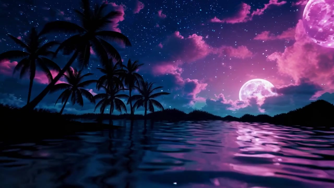 ピンクの月とヤシの木のシルエットがあるシュールな夜景