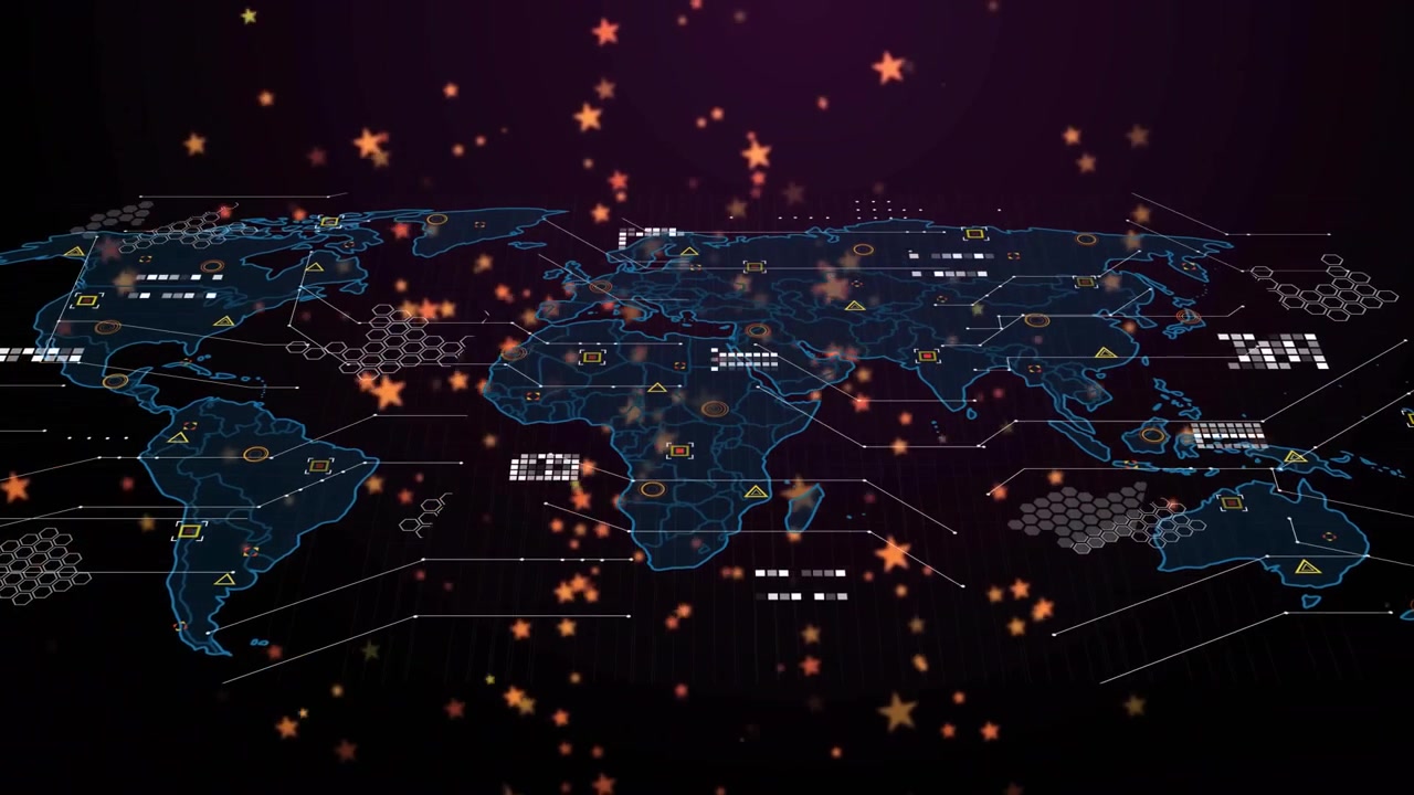 Neon-blue wireframe world map appearing left expanding tilting revealing overlays visualizing data