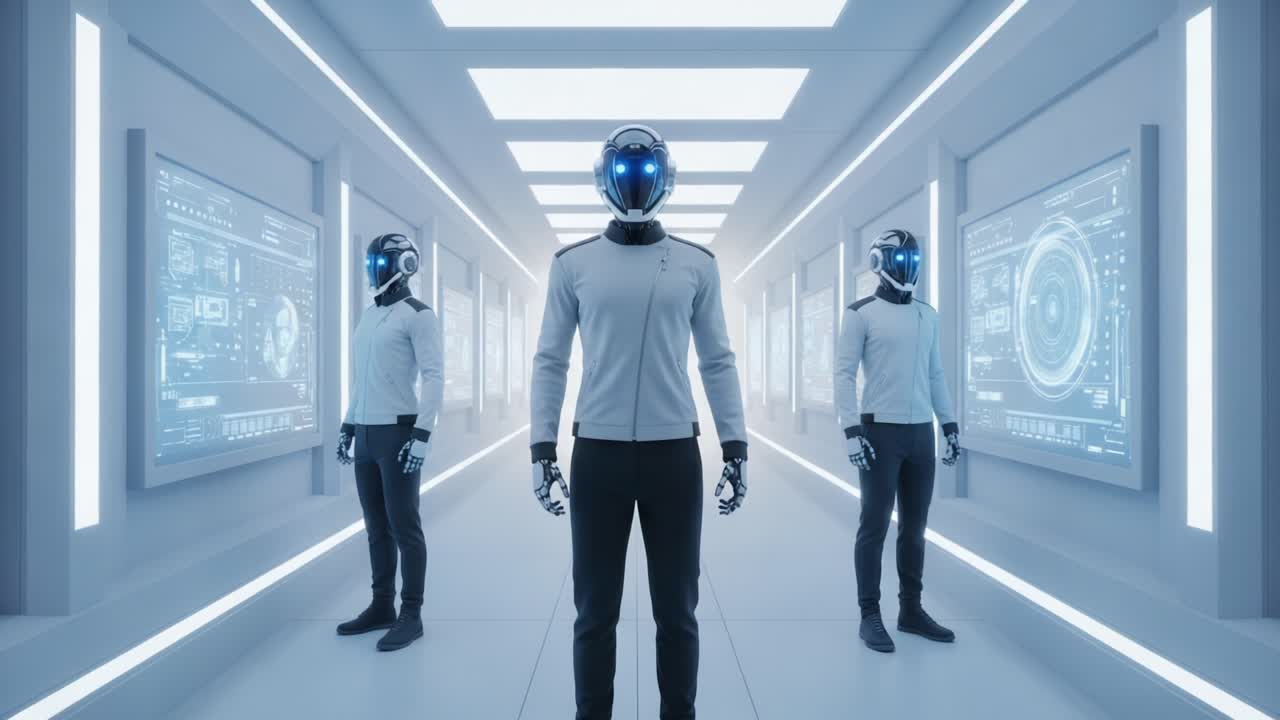 Futuristic Robotic Figures in a High-Tech Corridor: A Glimpse into Advanced AI and Robotics Technology Shaping Tomorrow's World with Sleek Designs and Interactive Interfaces