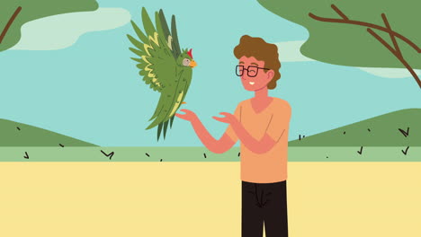 hombre con loro animación de pájaros exóticos