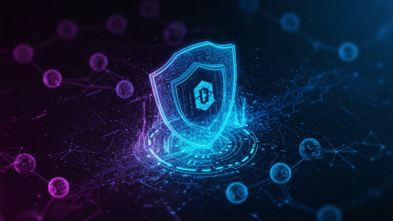 A Captivating Visual Representation of Cybersecurity Featuring a Dynamic Shield and Interconnected Digital Elements in Vibrant Colors