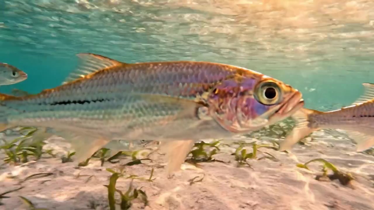 A Mesmerizing Underwater Scene Showcasing a School of Fish Swimming Above a Sea Grass Bed in Crystal Clear Water, Capturing the Beauty of Ocean Life