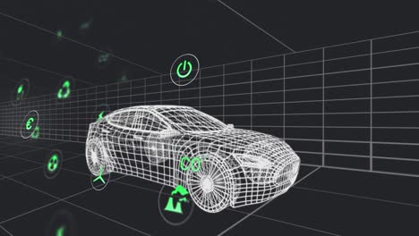 animación de iconos digitales sobre un modelo de automóvil 3d que se mueve en un patrón sin costuras contra un fondo negro.