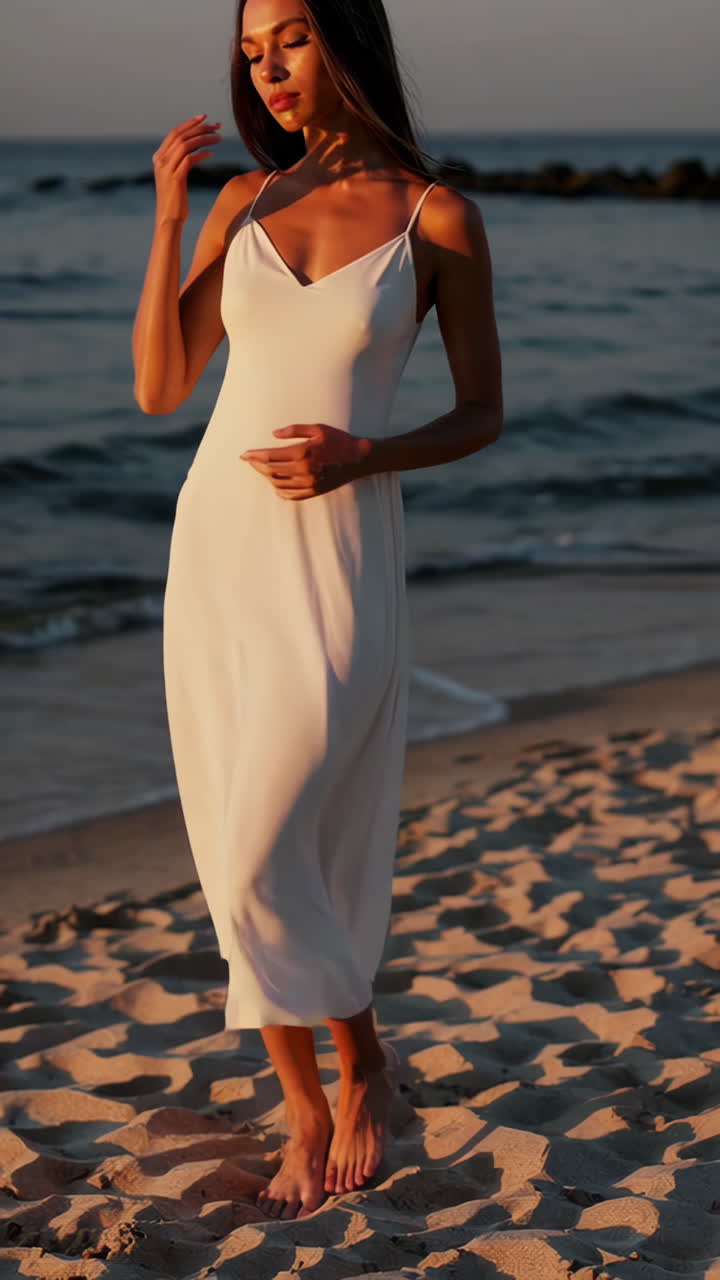 Woman in white dress on a beach at sunset