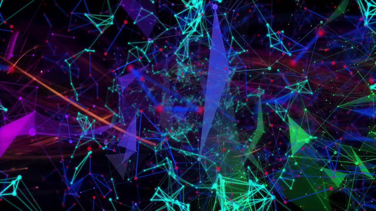 Animation of neon blue and pink geometric network pattern on dark background