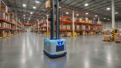 autonomous warehouse robot navigating through a stocked distribution center, efficiently managing inventory with precision and speed to enhance logistics operations