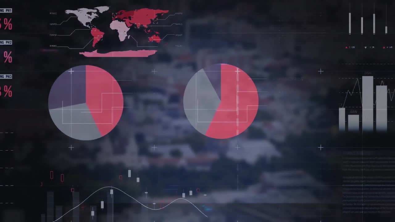 현대 도시의 높은 각도 뷰를 통해 다채로운 인포그래픽 인터페이스의 애니메이션