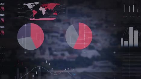 Animation-Einer-Mehrfarbigen-Infografik-Schnittstelle-über-Der-Hochwinkelansicht-Der-Modernen-Stadt