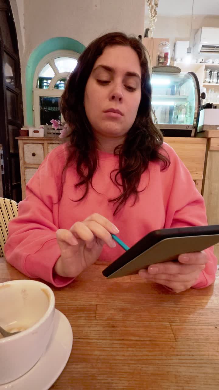 Young woman drawing on tablet in cafe