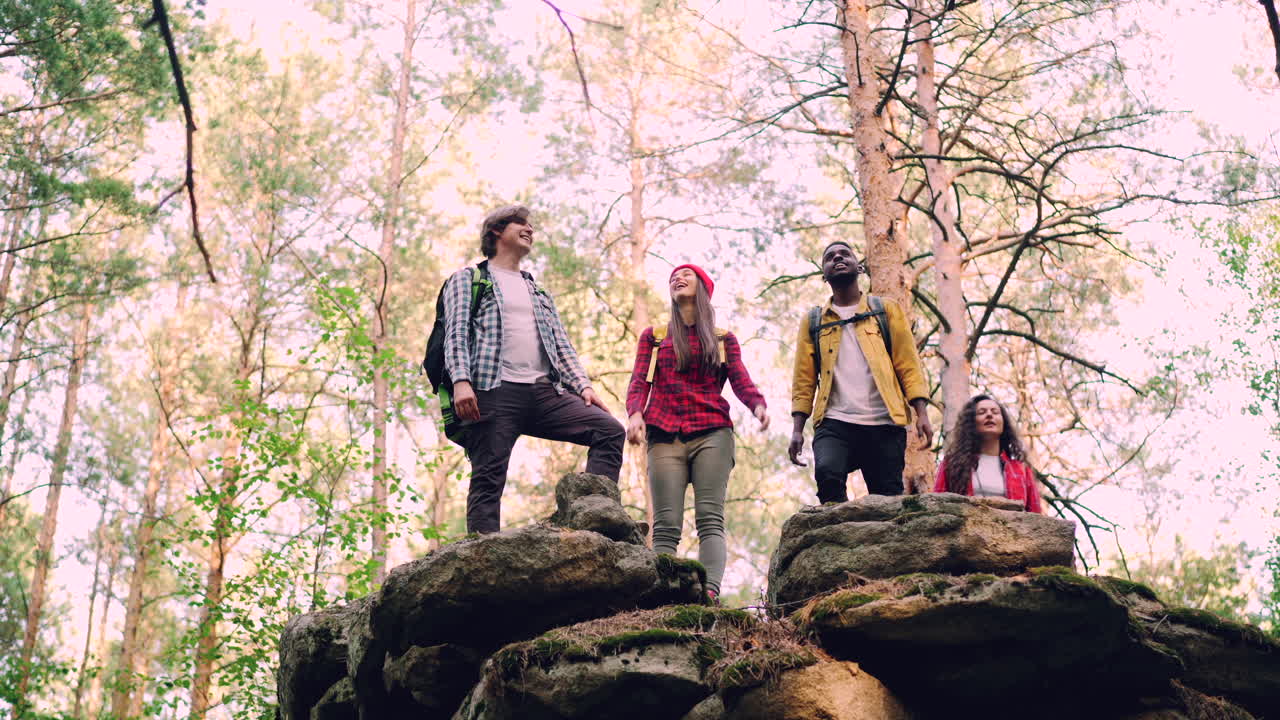 Happy Friends Hiking in the Forest