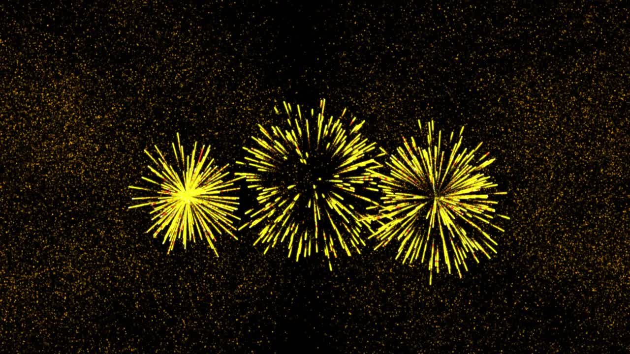 Animation of 2024 text in gold with yellow new year fireworks exploding in night sky