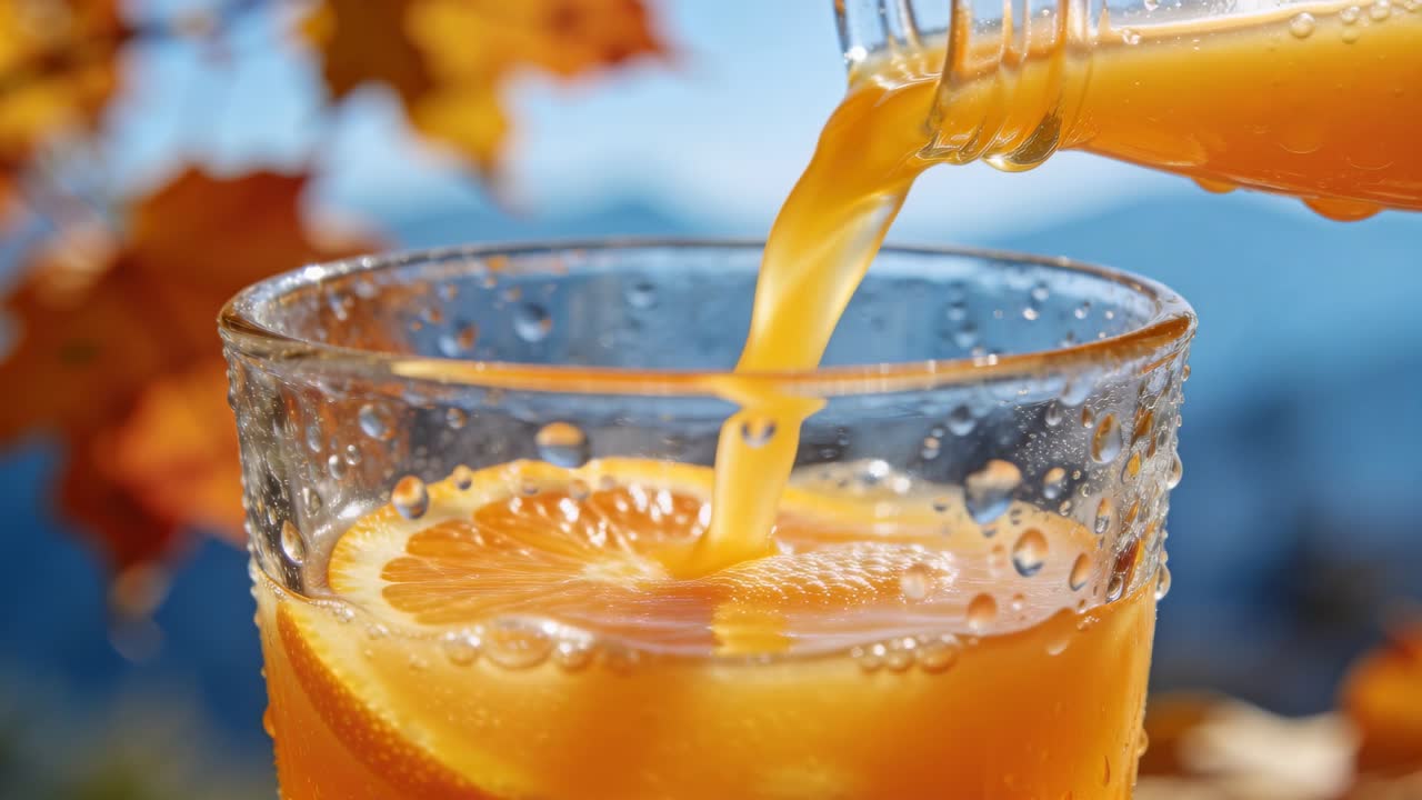 Eine sich neigende Flasche gießt Orangensaft in ein klares Glas auf einem Tisch im Freien zum Servieren, mit einer Orangenscheibe.