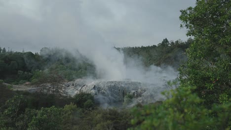 Geothermal-geyser-Erupting-with-steam-and-water-surrounded-by-nature,-Rotorua,-New-Zealand,-Slow-motion-iconic-steamy-rocky-environment,-Sunny-Daytime-Sky