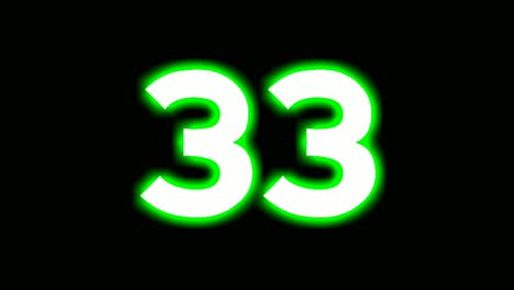 neon number 33 thirty three sign symbol modern animation motion graphics flicking on black background,green color glowing and shining for video elements