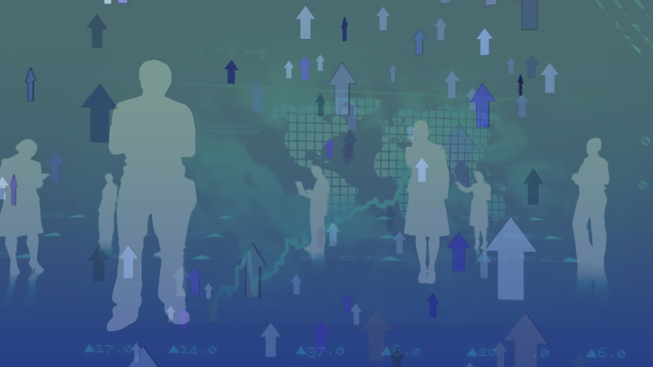 화살표가 위를 가리키고 사람들은 글로벌 시장에서 의사소통합니다.