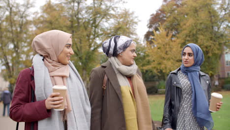 british muslim female friends walking through city park