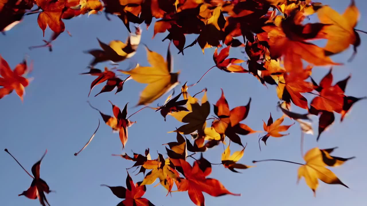Aerial video of vibrant autumn leaves floating against a clear blue sky, captured from a low-angle