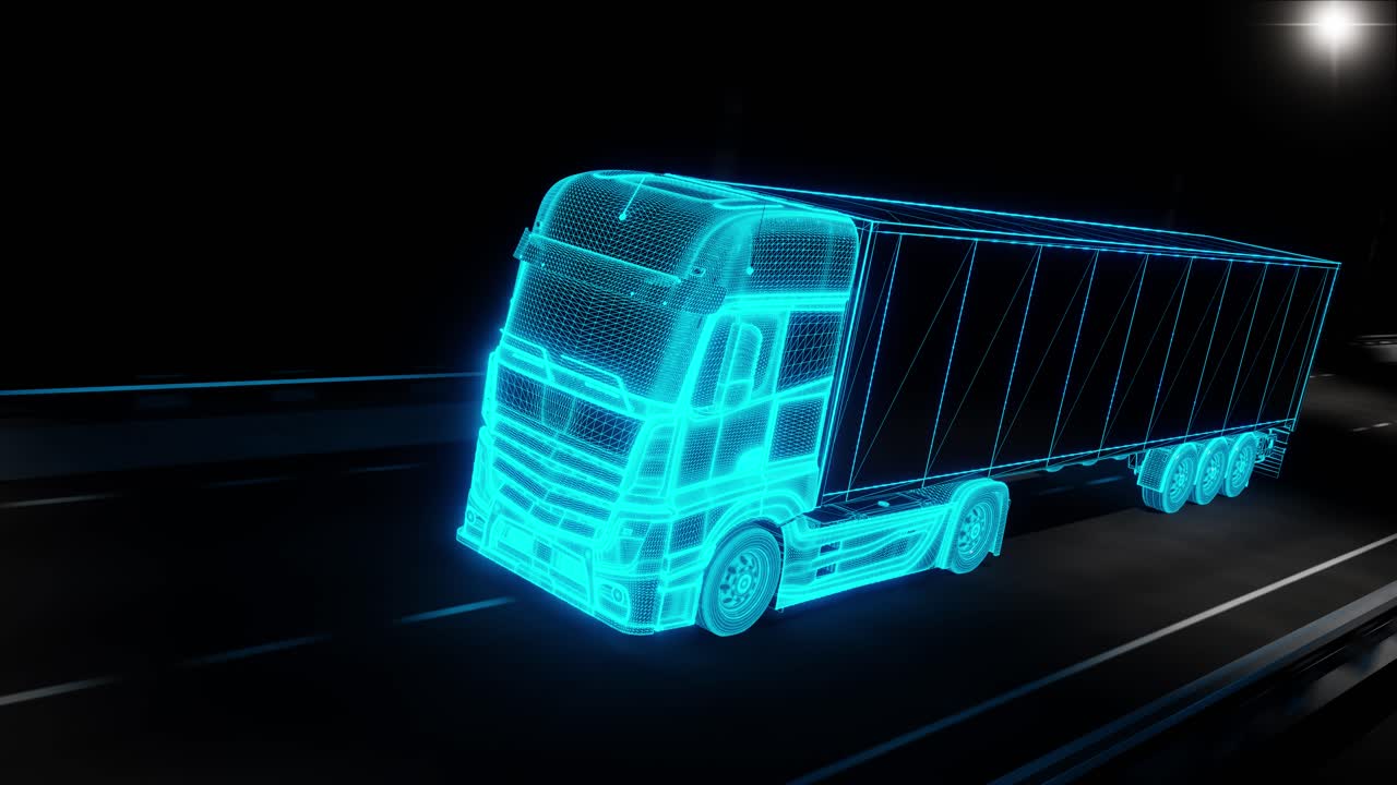 Futuristic truck riding on road with railings. Loop animation