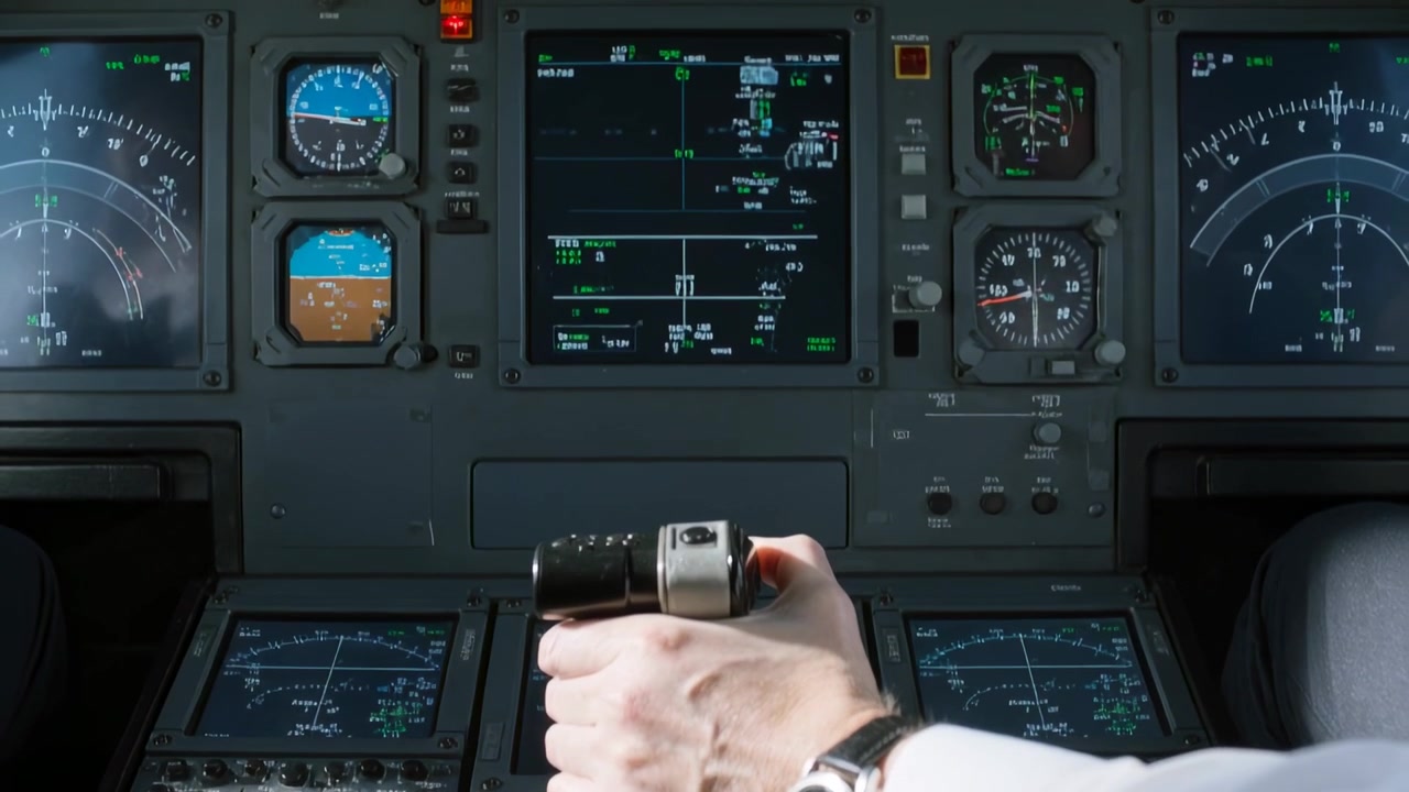 Pilot's right hand holding yoke steering in cockpit, camera pulling back showing panels cuff watch