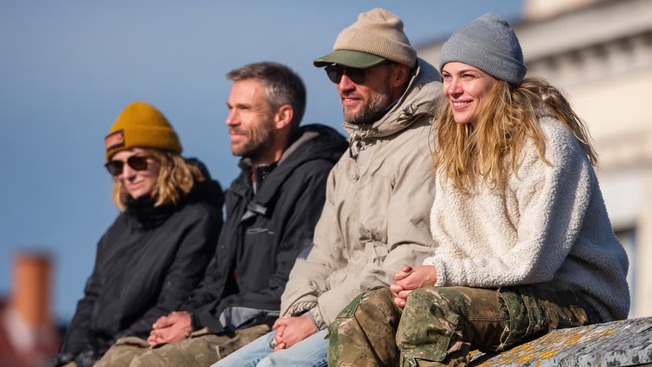Four Friends Enjoy a Sunny Day Outdoors, Sitting Together on a Wall, Smiling and Sharing Moments of Joy Amidst a Beautiful Urban Setting