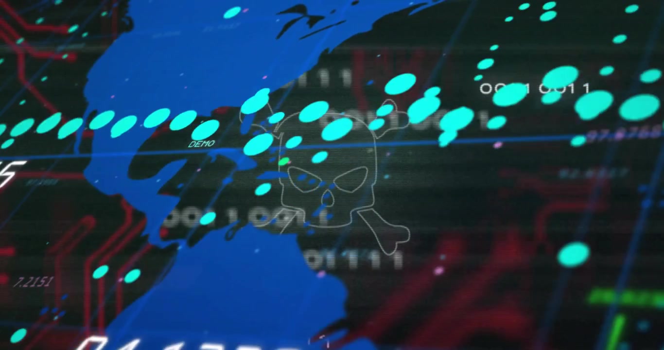 Security dashboard receiving live data feed, moving teal markers, pulsing skull, updating readouts