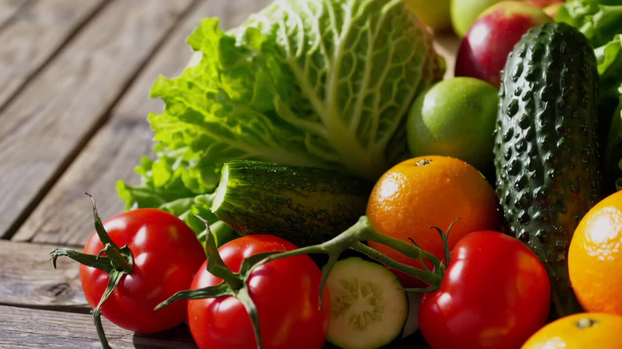 Assorted Fresh Fruits and Vegetables on a Wooden Table
