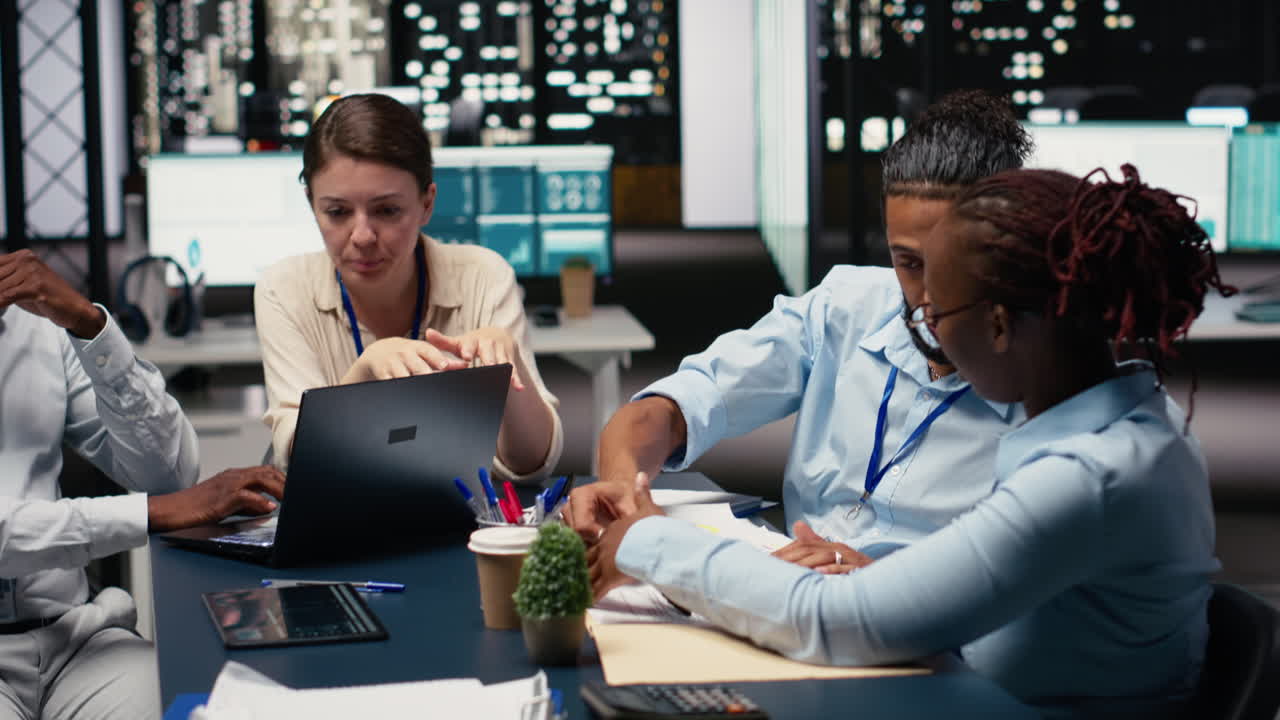Multiethnic team working together in office, looking over paperwork on laptop