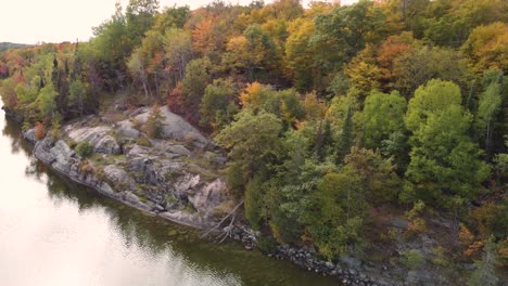 Aerial-landscape-view-over-a-river-flowing-by-colorful-autumnal-trees,-with-yellow-red-and-orange-foliage