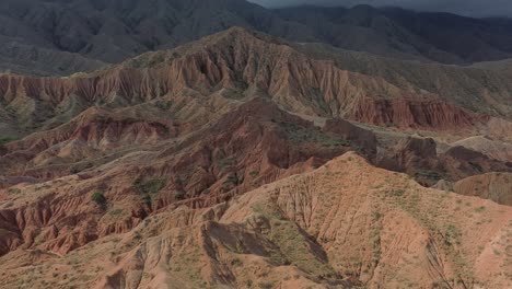 aerial view of the rugged mountainous terrain of fairytale canyon skazka in kyrgyzstan