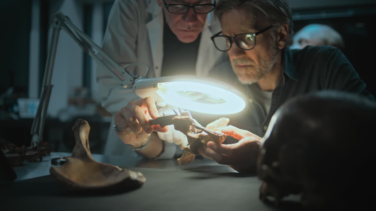 científicos examinando fósiles antiguos en un laboratorio