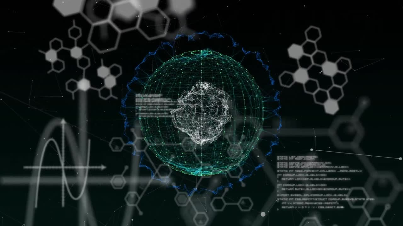 블랙 배경에 있는 지구와 과학 데이터 처리의 애니메이션